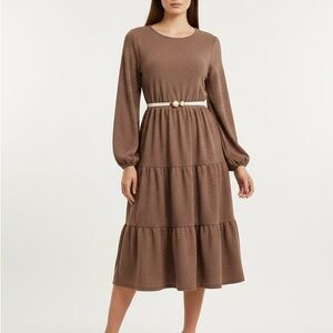 Women's Brown Long-Sleeve Tiered Midi Dress